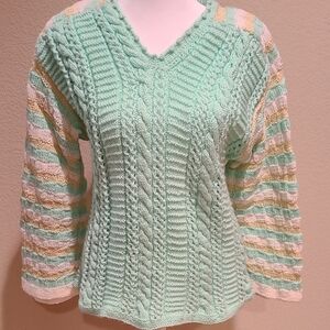 Vintage Mint Green Cable Knit V-Neck Sweater
